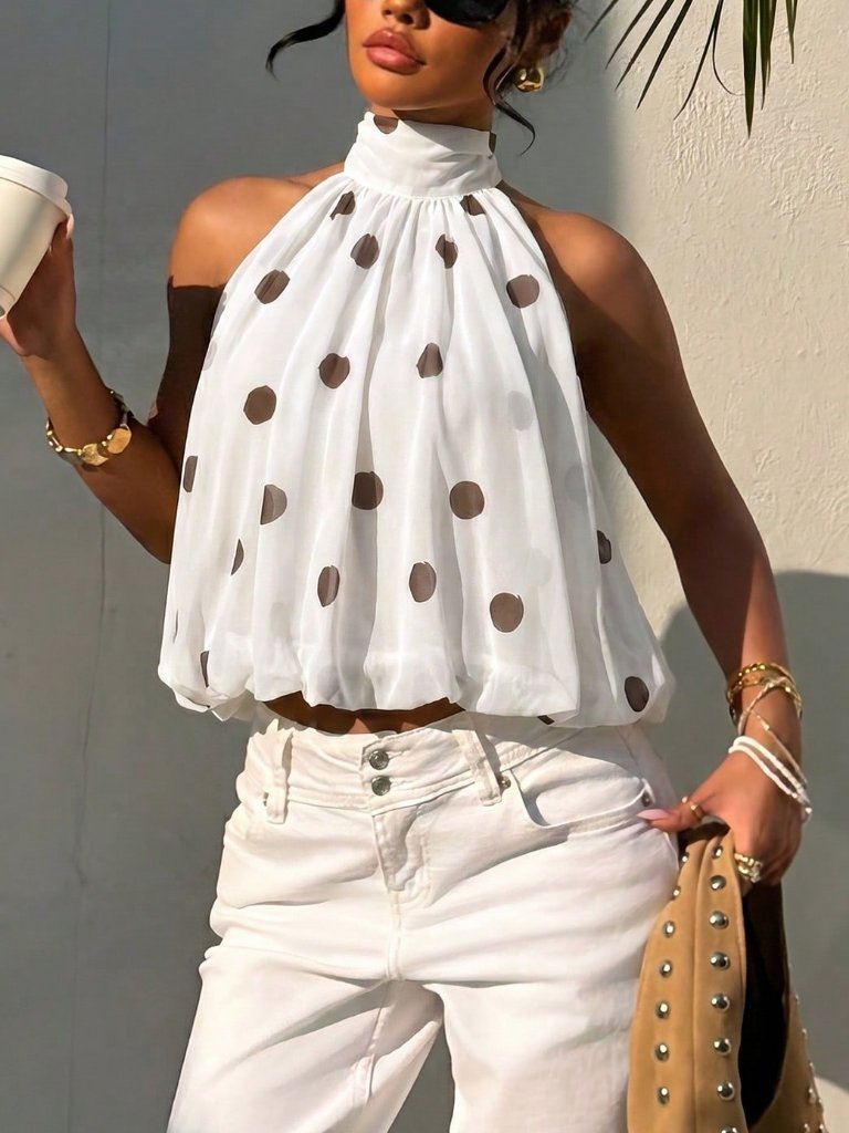 White Casual Women's Polka Dot Print Halter Elegant Sleeveless Top